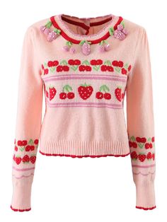 Pink Cherry & Strawberry Cropped Cardigan Pink Fair Isle Pattern Sweater, Strawberry Sweater, Shrunken Sweater, Autumn Tops, Crop Pullover, Backless Crop Top, Pink Strawberry, Sweater Style, Knitted Coat