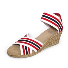 The Cannon Stripe is one of our BEST SELLERS! These comfortable sandal wedges feature crisscross stretchy straps give you a stylish custom fit. Sandal Wedges, Beaded Headband, Cork Wedges Sandals, Shoe Company, Comfortable Sandals, Red White Blue, Sandal Espadrille, Best Seller, Custom Fit