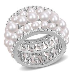 This exquisite piece showcases a sterling silver band adorned with an array of beautiful white button-shaped freshwater cultured pearls and sparkling lab-created white sapphires. Immerse yourself in the timeless elegance and sophistication this ring brings, making it a truly enchanting accessory for any occasion. | Pearl and Lab-Created White Sapphire Ring | Sterling Silver | Size 6 | 2mm | Helzberg Diamonds Silver Akoya Pearl Jewelry With Diamond Accents, Silver Pearl Jewelry With Diamond Accents, White Pearl Jewelry With Diamond Accents, Silver Pearl Rings With Diamond Accents, Diamond White Pearl Jewelry For Anniversary, Luxury Pearl-embellished Jewelry For Anniversary, Anniversary Pearl Jewelry In Diamond White, Silver Rings With Diamond Accents And Pearl, Luxury Pearl Embellished Jewelry For Anniversary