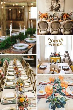 a collage of thanksgiving tables with candles and flowers