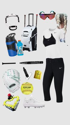 a woman's sports gear including shoes, backpacks and other items