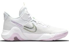 the nike zoom basketball shoe in white and purple is featured against a white background with green accents