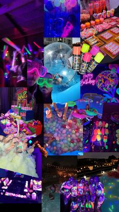 a collage of photos with various items and colors on them, including balloons, streamers, lights, and decorations