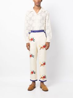 BODE patch-detail Cropped Trousers | Neutrals | FARFETCH Patch Pants, City Shorts, Reebok Club C, Versace Outfit, Summer Beach Wear, Cropped Trousers, Light Jacket, Cream White, Jean Coat