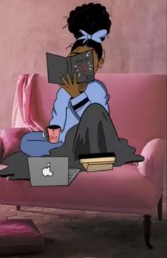 a woman sitting on top of a pink couch holding a laptop computer and drinking coffee