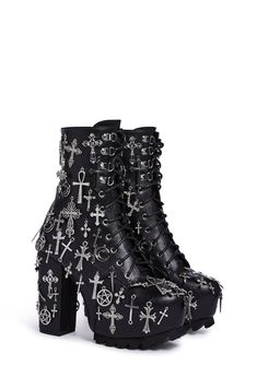 are gonna bring 'em to their knees. Find your new religion in these platform boots that have thick treaded soles, a back zip closure, adjustable lace-ups and unholy charms all ova. Idol Worship, Occult Clothing, Free Socks, Platform Boots, Goth Fashion, Online Boutique, Worship, Mini Bag, Black Boots