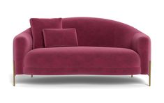 a pink couch with two pillows on it's back and the seat upholstered