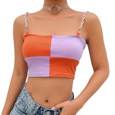 FREE SHIPPING Cotton Chain Strap Summer Crop Top JKP3111 Casual Sleeveless Color Block Crop Top, Trendy Spring Crop Top With Color Block, Summer Cotton Color Block Crop Top, Casual Color Block Crop Top For Summer, Casual Summer Color Block Crop Top, Summer Color Block Cotton Crop Top, Spring Cotton Color Block Crop Top, Trendy Spring Color Block Crop Top, Trendy Orange Cotton Tank Top