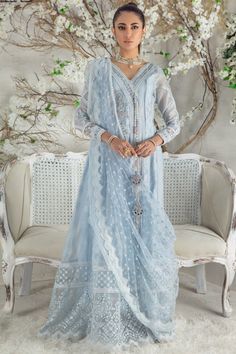 Viviana Sarah Sarosh, Shadi Dresses, Sky Blue Dress, Pearl Work, Designer Outfit, Master Card, Diy Embroidery Designs, Pakistan Fashion, Pure Chiffon