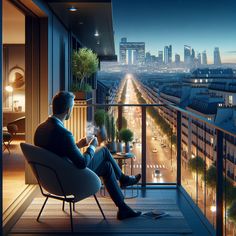 a man sitting in a chair looking at his cell phone on a balcony overlooking the city