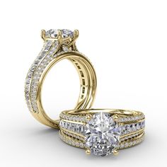 two gold engagement rings with diamonds on top and side stones around the band, set against a white background