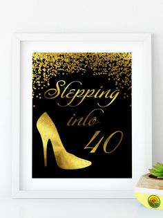 a gold shoe with the words stepping into 80 on it