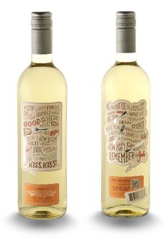 two bottles of white wine with labels on the front and back of each bottle, one is empty