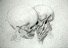 a drawing of two skulls with their heads touching each other's foreheads and hands