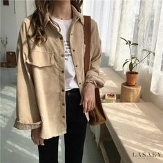 Lasaky - Stylish College Long-Sleeve Corduroy Shirt with Oversized Fit and Fashionable Open Cardigan Jacket Corduroy Coat, Corduroy Shirt, Casual Long Sleeve Shirts, Hijab Style, Pink Blouse, Looks Vintage, Cardigan Jacket, Outfits Casuales, Clothing Patterns