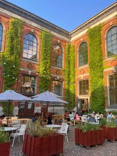 people sitting at tables in front of an old building with ivy growing on the walls