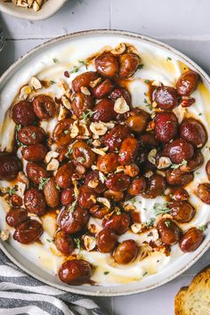 Whipped Ricotta with Roasted Grapes & Hazelnuts - Cooking in my Genes Roasted Grapes Appetizers, December Baking, Grape Appetizers, Christmas Starters, Christmas Potluck, Vegan Appetizer, Whipped Ricotta, Awesome Appetizers