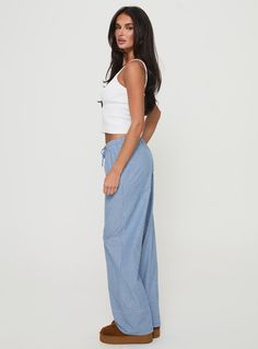 Striped pants  Elasticated waistband with drawstring fastening, straight leg  Non-stretch material, unlined   80% cotton 20% polyester  Cold gentle machine wash Fleece Dress, Outerwear Outfit, Pants Blue, Loungewear Sets, Curve Dresses, Casual Tank Tops, Tops Fall, White Midi Dress, Outerwear Sweater