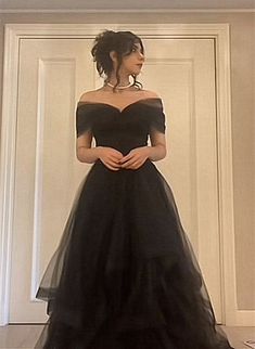 Black Off Shoulder Sweetheart Tulle Prom Dress, Black Tulle A-line Party Dress Tulle Prom Dress Black, Prom Dress Black, Long Party Dress, Black Off Shoulder, Black Prom Dress, Black Prom, A Line Prom Dresses, Green Prom Dress