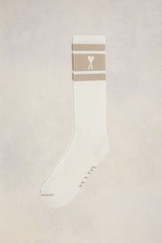 White/light beige cotton blend ribbed knit signature Ami de Coeur monogram motif horizontal stripe pattern mid-calf length Be sure before opening, as socks and hosiery can only be returned in their original, unopened packaging. - Size : 35-38 - Unisex Ami Paris, Striped Socks, Best Bags, Scarf Jewelry, Dress With Cardigan, Socks And Hosiery, Shirt Accessories, Small Leather Goods, Light Beige