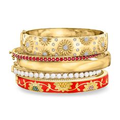 Ross-Simons - "Botanical Stack" Set of Five Bangle Bracelets Over Sterling. 8". An RS exclusive. Our freshly picked "Botanical Stack" of five bangle bracelets celebrates the beauty of florals. This 18kt yellow gold over sterling silver bangle bracelet set includes: a 1.90 ct. t. w. ruby bangle bracelet, a .20 ct. t. w. diamond sunflower bangle bracelet, a 3.5-4mm cultured pearl bangle bracelet, a .22 ct. t. w. multi-gem and red enamel flower bangle bracelet, and a handcrafted 18kt yellow gold ov Julie Vos Bracelet, Gold Jewelry Inspiration, Ruby Bangles, Pearl Jewelry Shop, Pearl Bangle Bracelet, Stacked Bracelets, Stack Bracelets, Silver Bangle Bracelet, Pearl Bangle