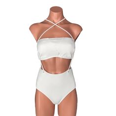 Brand New With Tags Attached. High Waisted Bikini Suspender Bikini With Bandeau Top. Adjust Straps On The Suspenders And The Back Of The Top. Hygiene Liner Still Attached. Size Top Bikini L /Fit M Too Size Bottom M Ribbed White Color See Pictures For Details Smoke Pet Free Home Sleeveless Cross-tied Swimwear For Vacation, Summer Stretch Cross-tied Swimwear, Cross-tied Backless Swimwear For Party, Backless Cross-tied Swimwear For Parties, Party Backless Cross-tied Swimwear, Cross-tied Backless Party Swimwear, Party Cross-tied Backless Swimwear, White Strappy Swimwear With Built-in Bra, Summer Beach Cross-tied Swimwear