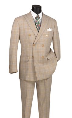 Alexander Collection - Beige Double Breasted 2 Piece Suit Regular Fit Tone on Tone Windowpane Darius Iii, Windowpane Suit, Tuxedo Vest, Formal Tuxedo, Suit Collection, Bowtie And Suspenders, Hat Size Chart, Suspenders Set, 2 Piece Suit