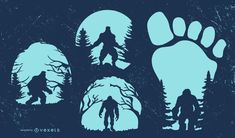 the silhouettes of two people and a bigfoot are shown in front of trees