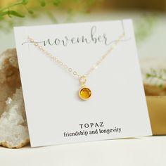 November Necklace, Topaz Birthday Gift, Topaz Birthstone Necklace, Personalized Gift for Her, November Birthstone Jewelry, Gold Jewelry A B O U T : This necklace is made with a 14k Gold Filled Chain and Gold Plated Crystal Birthstone Charm. The length of the necklace can be chosen by you; the available lengths are 16, 17, 18, 19 or 20 inches. The Birthstone Charm measures 6mm. Silver version: silver plated charm and sterling silver chain. Gold version: gold plated charm and 14K gold filled chain Citrine Birthstone Necklace For Anniversary, Anniversary Citrine Birthstone Necklace, Citrine Birthstone Necklace For Gifts, Amber Birthstone Necklace For Anniversary, Citrine Birthstone Necklace As A Gift, Yellow Topaz Necklace For A Gift, Yellow Topaz Necklace For Gift, November Birthstone Jewelry, Topaz Birthstone