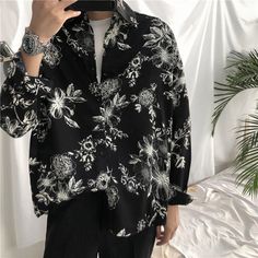 monochrome Honolulu floral tee - limetliss Black Short Sleeve Shirt With Plant Print, Black Floral Print Shirt For Summer, Black Summer Tops With Plant Print, Black Tops With Plant Print For Spring, Mens Monogram, Denim Jeans Ripped, Floral Tee, Ripped Denim, Honolulu