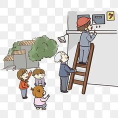 people are standing in front of a refrigerator while one person is on the ladder to get something