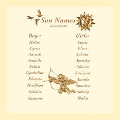 the sun name list is shown with an angel and two doves on it's side