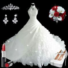 a white wedding dress and accessories on display