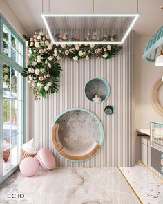 a white and blue room with flowers on the wall next to two round vases