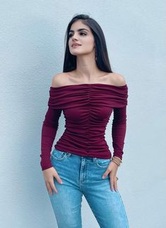 Off The Shoulder Ruched Top Burgendy Model Front View Burgundy Fabric, Diva Boutique, Ruched Top, Maxi Dresses Casual, Short Sleeve Bodysuit, British Indian, Long Tops, Brunei, Sweater Jacket