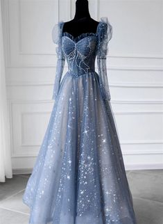 Blue Long Sleeves Sweetheart Beaded Tulle Formal Dress, Blue A-line Pr – BeautyDressy Fairy Ball Gown, Prom Dresses Long Blue, Princess Evening Dress, Frozen Blue, Dress Quinceanera, Fancy Gowns, 파티 드레스, Awesome Outfits, Long Sleeve Prom