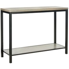 a black metal and wood console table with two shelves on each side, against a white background