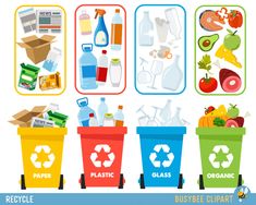 recyclable clipart for recycling, including plastic bottles and other household items