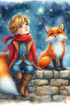 a painting of a little boy sitting next to a fox on top of a stone wall