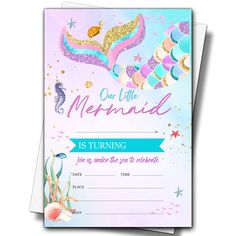 a mermaid themed birthday card with the words our little mermaid is turning