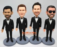 four bobble heads of three men in tuxedo and bow ties, one wearing sunglasses