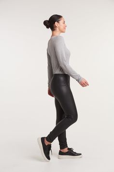 The basic style needed in every wardrobe! The faux leather look of the Universal Legging makes it perfect for everyday wear. This lightweight skinny fit design pairs effortlessly with any top and shoe combination and will leave a lasting impression wherever you go. Casual Stretch Faux Leather Leggings, Casual Stretch Faux Leather Pants, Tight Casual Faux Leather Leggings, Elastane Leather Pants For Workwear In Fall, Fall Leather Pants With Elastane For Workwear, Casual Solid Faux Leather Leggings, Casual Tight Leather Pants For Fall, Sleek Stretch Leather Pants For Work, Sleek Stretch Leather Work Pants