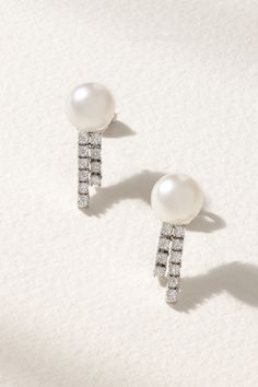 Mizuki's earrings are the perfect way to add subtle sparkle to everyday looks. Cast from polished 18-karat white gold, they're set with two Akoya pearls and rows of light-reflecting diamonds suspended from the main stud. Their small shape makes them easy to stack with similar styles. Classic White Gold Earrings With Timeless Design, Classic White Gold Earrings, Luxury Platinum Pearl Earrings For Formal Occasions, Elegant Platinum Diamond Earrings For Formal Occasions, Elegant Platinum Earrings With Brilliant Cut, Elegant Platinum Earrings For Evening, Elegant Brilliant Cut Platinum Earrings, Elegant Evening Platinum Earrings, Elegant Platinum Drop Bridal Earrings