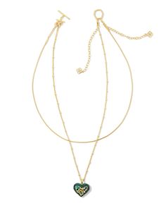 Get three looks in one with the Penny Gold Heart Multi Strand Necklace in Green Mix. Featuring a heart pendant studded with crystals and a dainty gold chain, you can wear the necklaces on their own or style them as a darling duo. With sparkly detailing and trending design, there’s so much to love about this multi strand stunner. Metal 14k Gold Over Brass Closure Toggle Size 19.5", 21" Chains With 3" Extender, 1.09"L X 0.98"W PendantDue to the one-of-a-kind nature of the medium, exact colors and patterns may vary slightly from the image shown. | Kendra Scott Penny Gold Heart Multi Strand Necklace in Green Mix | Mixed Stones Double Chain Heart Pendant Necklace, Kendra Scott Store, Dainty Gold Chain, Sold Out Sign, Gold Necklace Layered, Multi Strand Necklace, Gold Heart, Strand Necklace, Huggies Earrings