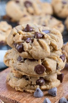 chocolate chip cookies stacked on top of each other