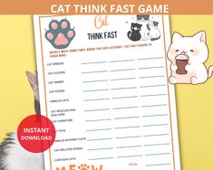 the cat think fast game is shown with an image of a cat drinking out of a cup