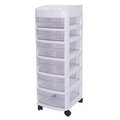 a white plastic drawer with five drawers on wheels and four shelves in the bottom half