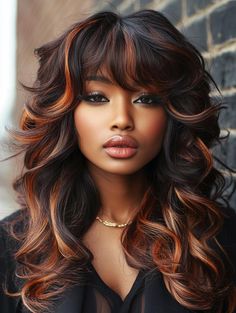 Curly Quick Weave With Bangs, Bangs Hairstyles Black Women, Weave Hairstyles With Bangs, Black Hairstyle Ideas, African Hair Style, Hair With Bangs And Layers, Long Hairstyles For Black Women, Wavy Weave Hairstyles, Face Shape Hairstyles