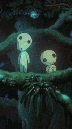 an alien scene is shown in the dark, with two small figures standing next to each other