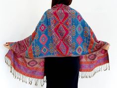 Artisan Multicolor Shawl With Woven Motifs, Multicolor Bohemian Shawl As A Gift, Multicolor Embroidered Bohemian Scarves, Multicolor Pashmina Shawl In Bohemian Style, Traditional Multicolor Shawl Wrap, Bohemian Multicolor Shawl With Traditional Patterns, Bohemian Winter Festive Scarves, Winter Bohemian Shawl With Woven Motifs, Bohemian Scarves With Traditional Patterns For Festivals